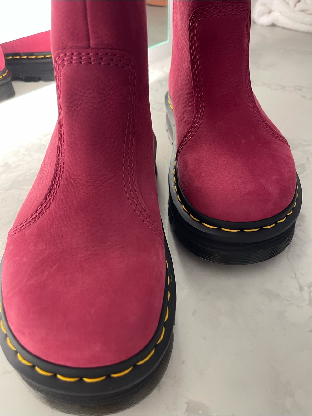 Doc. Martens Zebzag Rigger Boot.  Pink Leather Boots Yellow Stitching.